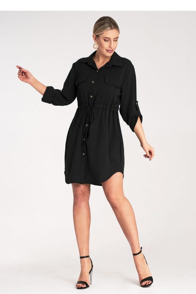 Love Lace Love Lace Women's Waist Tie Buttoned Shirt Dress with Roll Sleeves in Black - 2