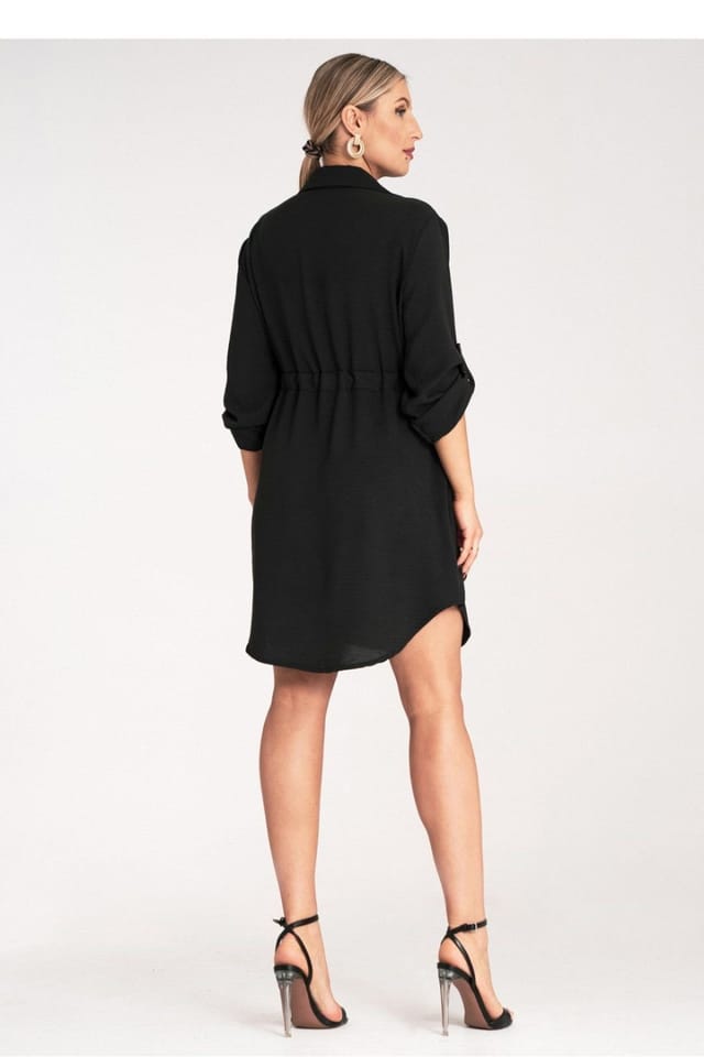 Love Lace Love Lace Women's Waist Tie Buttoned Shirt Dress with Roll Sleeves in Black - 3