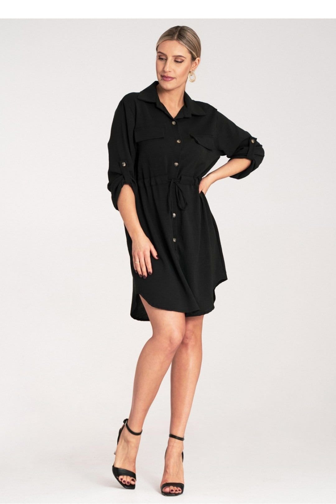Love Lace Love Lace Women's Waist Tie Buttoned Shirt Dress with Roll Sleeves in Black - 4