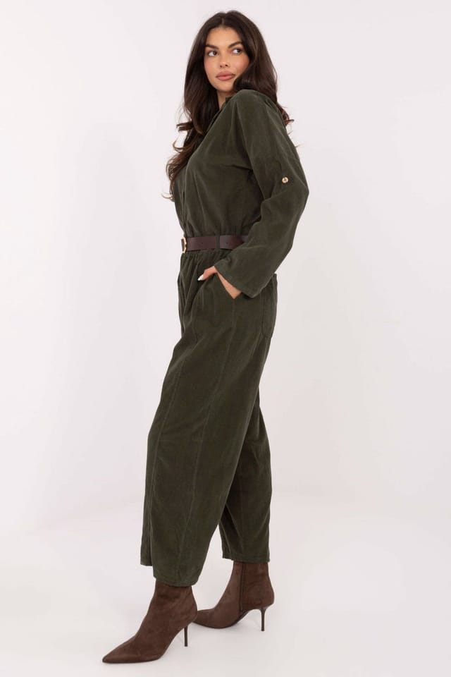 Love Lace Love Lace Women's Soft Corduroy High Waist Wide Leg Trousers in Green - 2