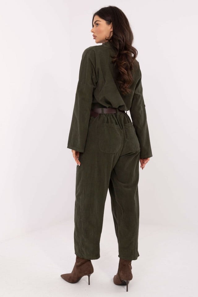 Love Lace Love Lace Women's Soft Corduroy High Waist Wide Leg Trousers in Green - 3