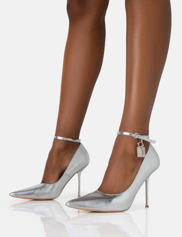Public Desire Lotty Metallic Silver Padlock Ankle Detail Court Stiletto Heels - 3