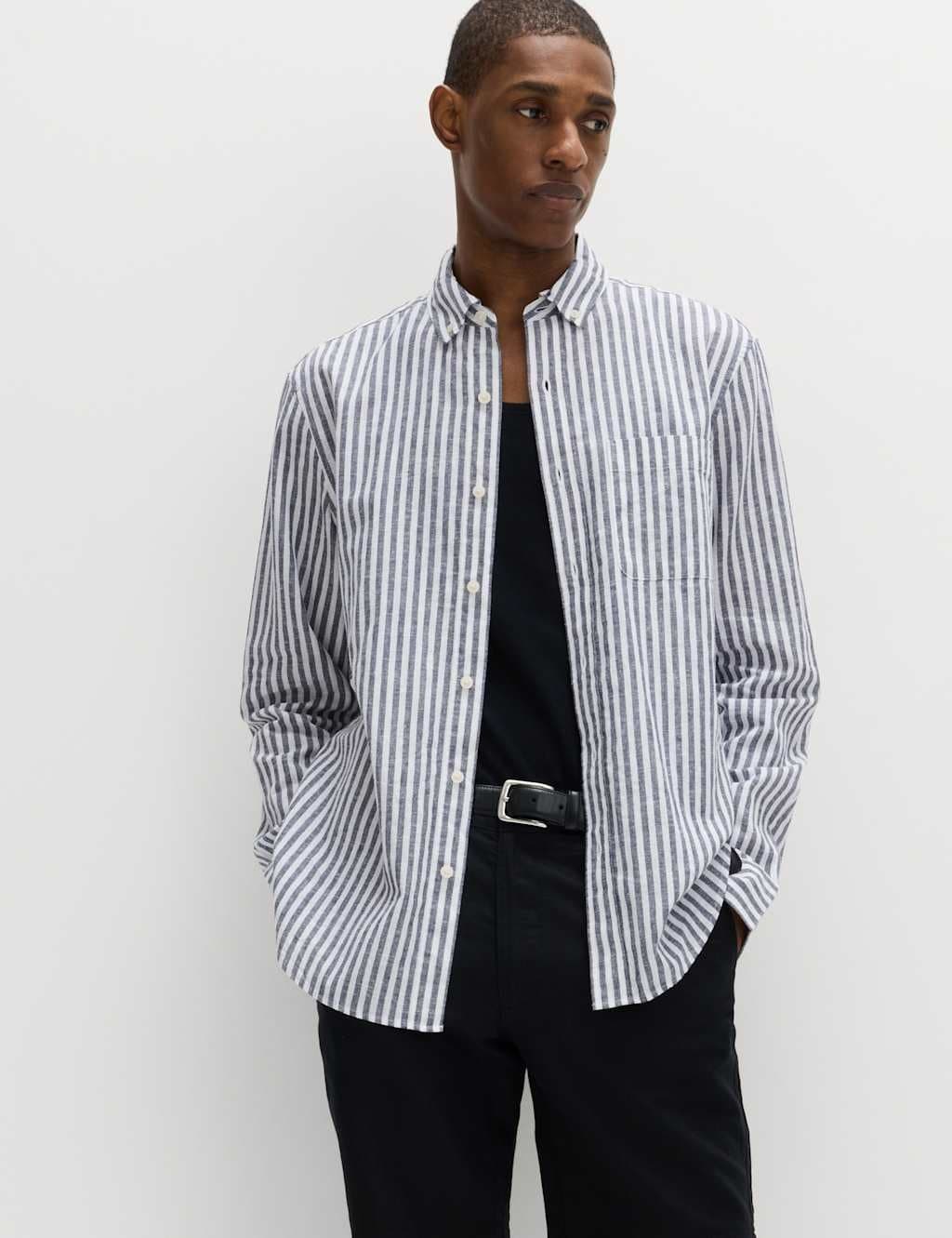 Marks & Spencer M&S Linen Cotton Blend Striped Shirt Blue Mix