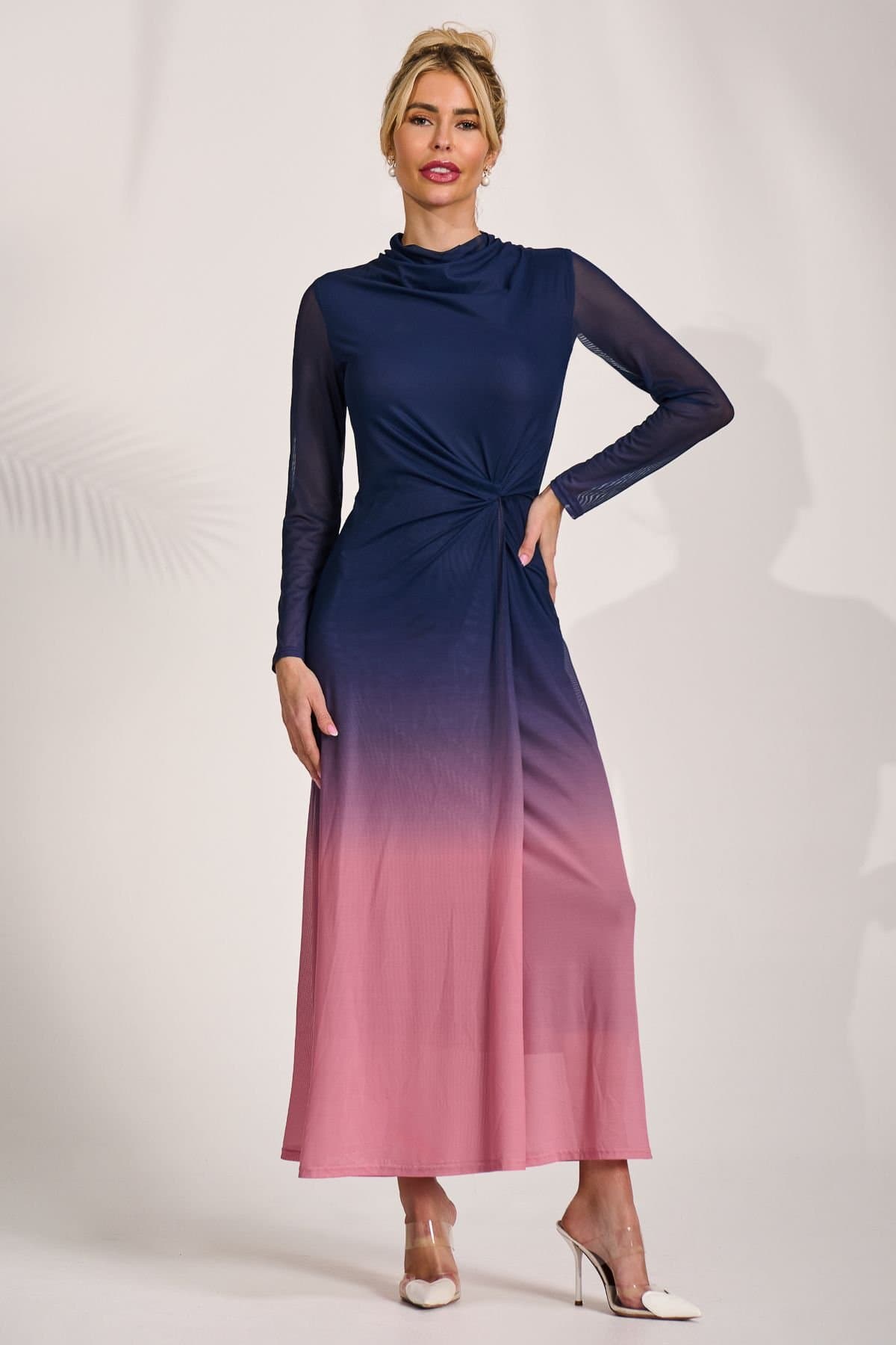 Jolie Moi Jolie Moi Women's Petite Long Sleeve Mesh Maxi Dress in Navy