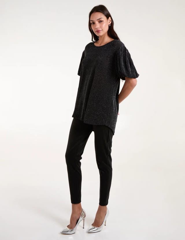 Blue Vanilla Bubble Sleeve Metallic High Low Top - 2