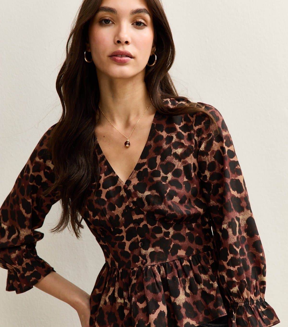 New Look New Look Brown Animal Print Cropped Sleeve Top