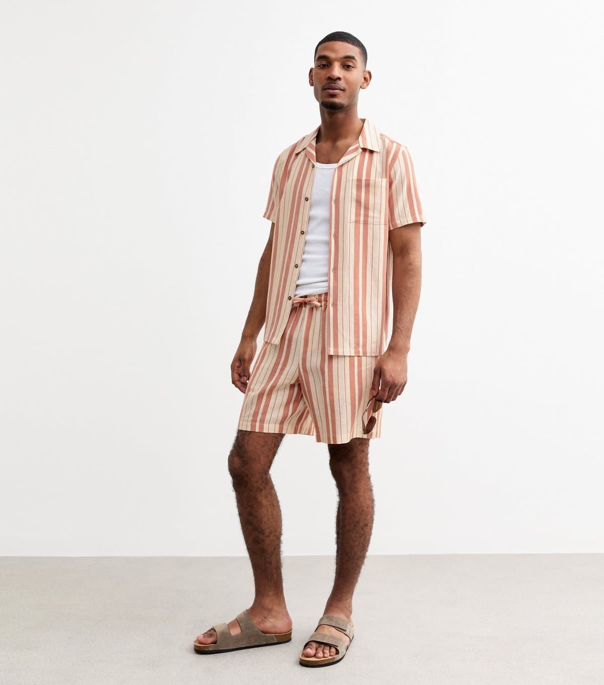 New Look Men's Rust/Stone Regular Linen Blend Striped Shorts New Look