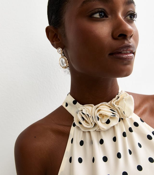 New Look Women's Cream Satin Polka Dot Floral Appliqued Halter Neck Midi Dress New Look - 2