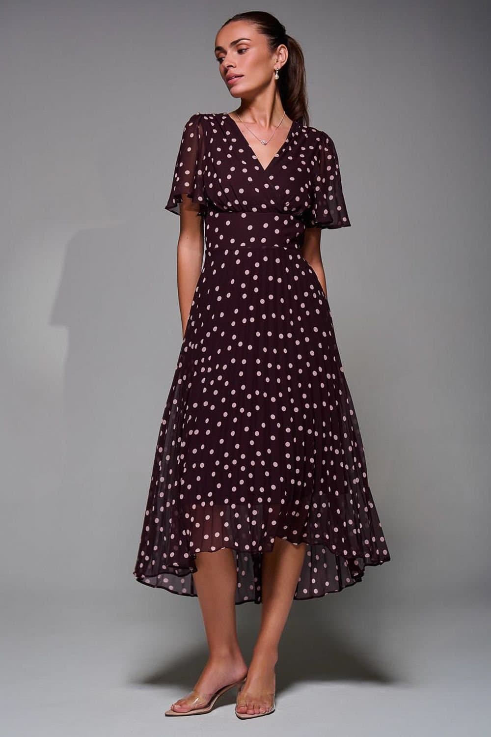 Jolie Moi Jolie Moi Women's Chiffon Frill Sleeved Maxi Dress in Burgundy