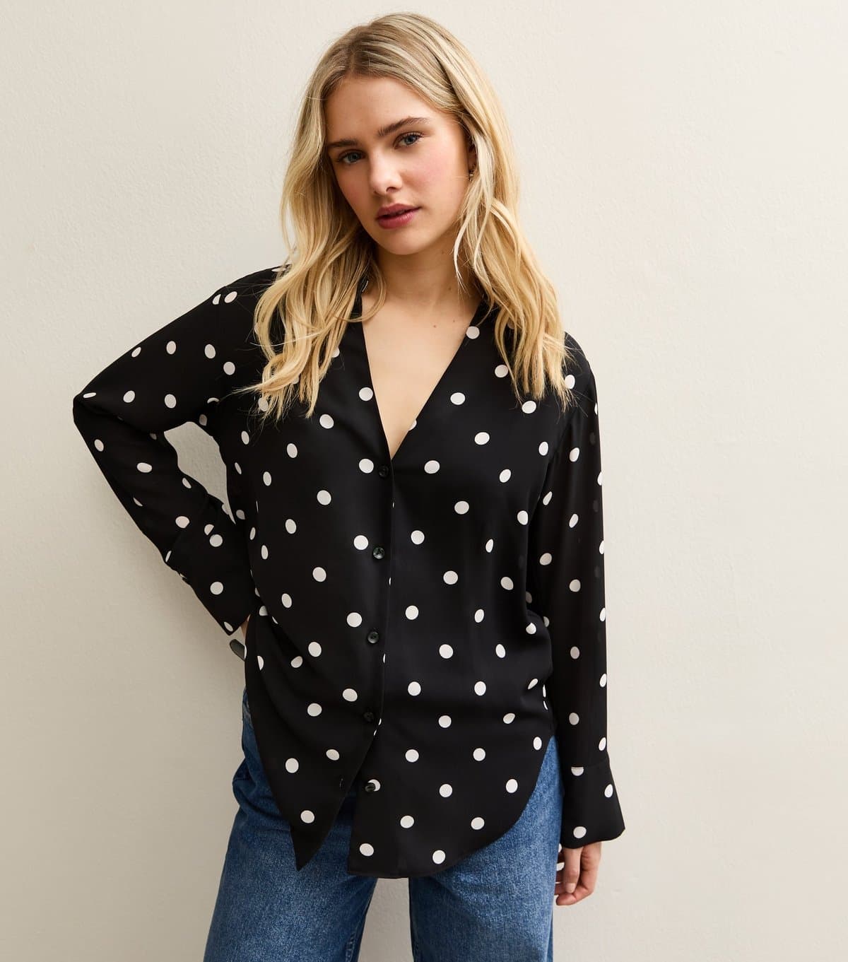 New Look Women's Black Polka Dot Open Collar Shirt New Look