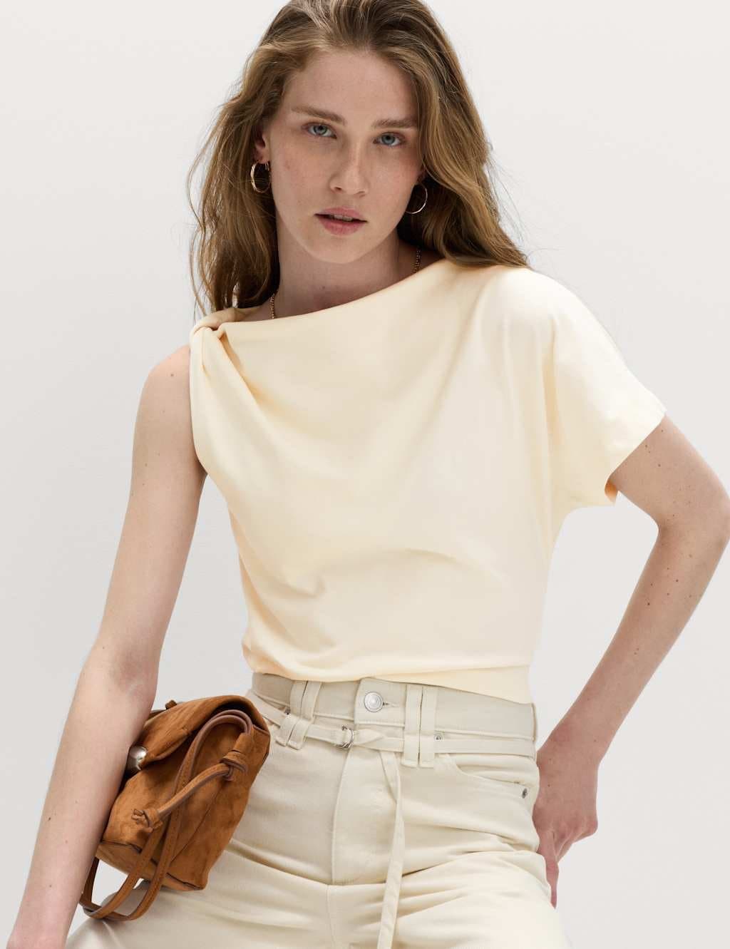 Marks & Spencer M&S Pure Cotton One Shoulder Drape Top White