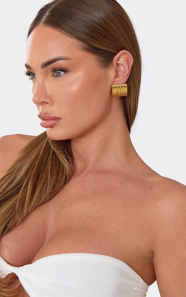 EGO Square Shaped Ribbed Detail Stud Earring In Gold, Women's Size UK 0 - 2