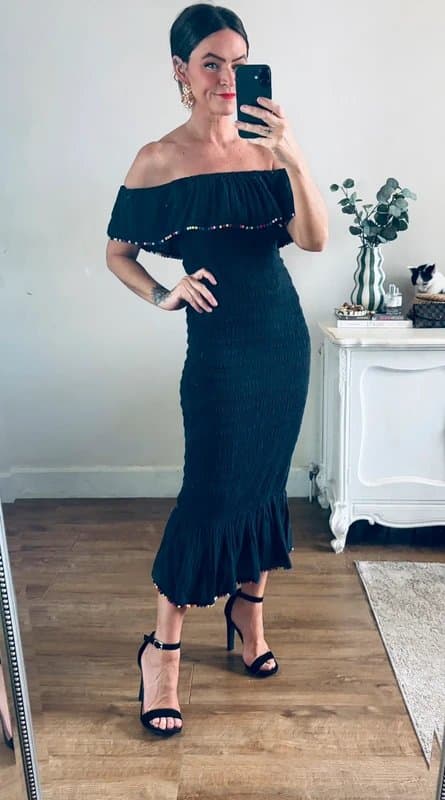 Never Fully Dressed Never Fully Dressed black shirred Bardot off shoulder Pom Pom detail midi dress size 8