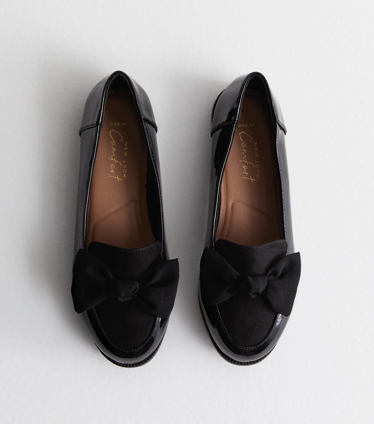New Look Women's Wide Fit Black Patent Bow Front Loafers New Look