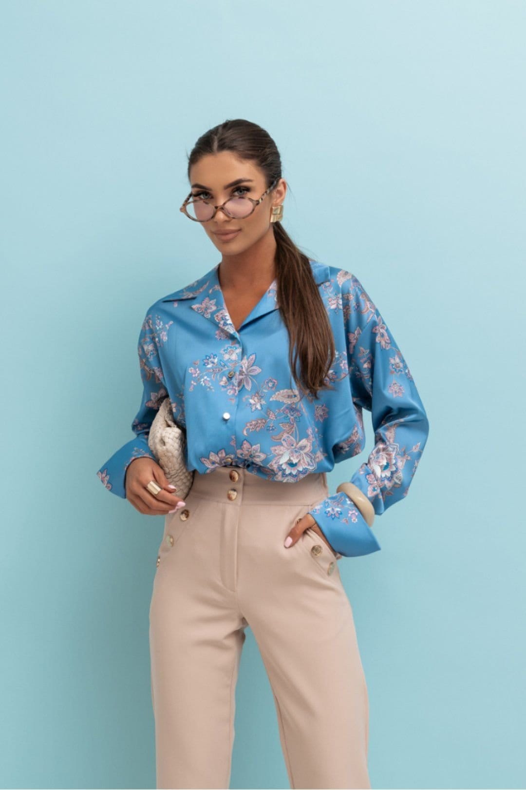 Love Lace Love Lace Women's Satin Long Sleeve Shirt MADDIE Indigo Floral in Blue - 1