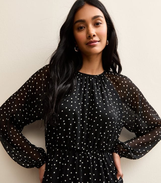 New Look Women's Black Chiffon Polka Dot Long Sleeve Mini Dress New Look - 2