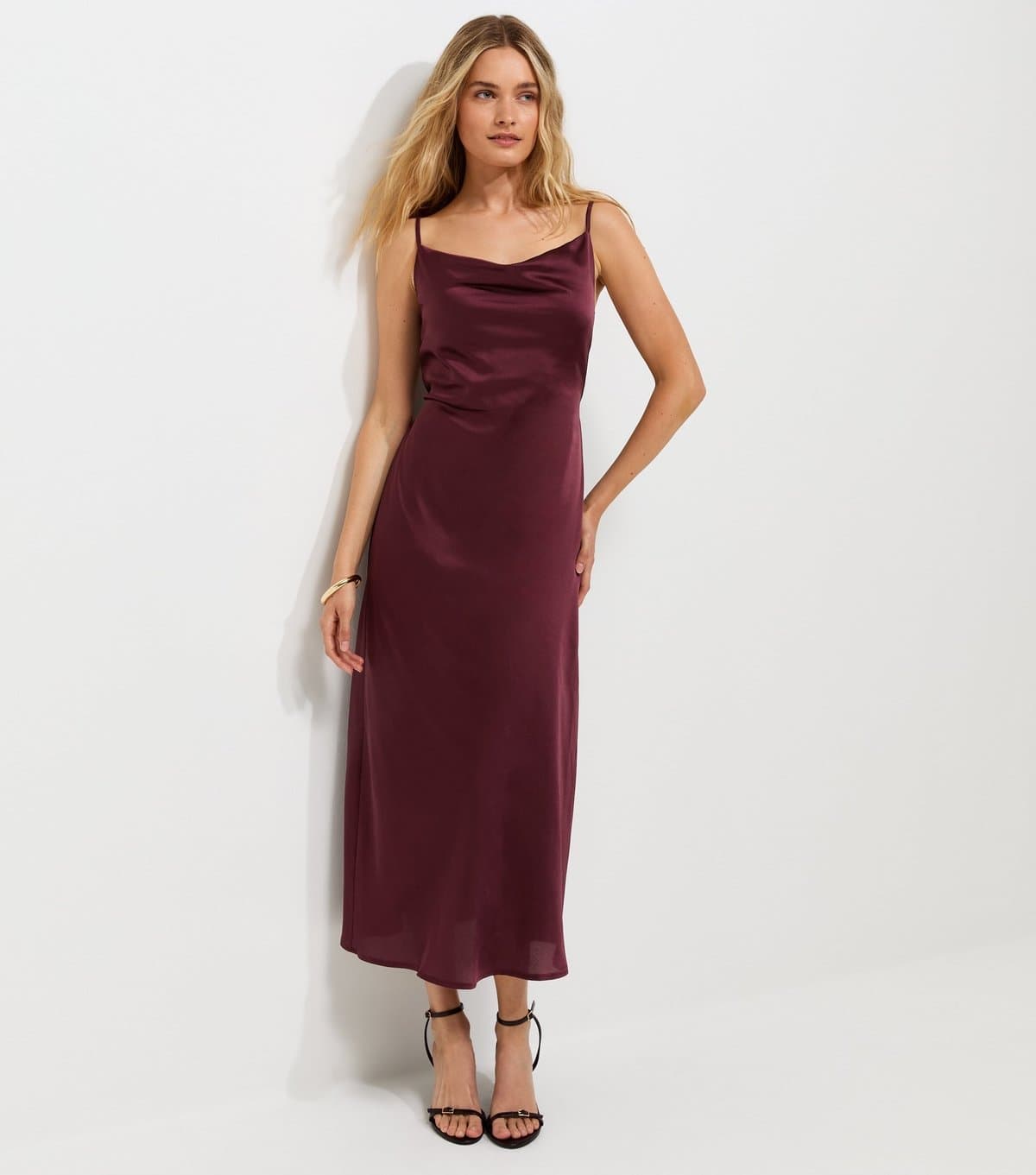 New Look Women's Dark Burgundy Satin Cowl Neck Strappy Midi Dress New Look