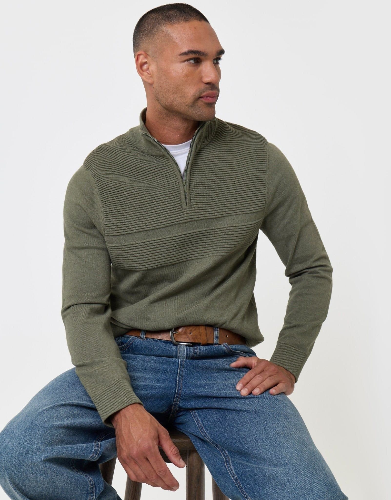 Threadbare threadbare Men's Rib Detail Knitted Quarter Zip Jumper in Green