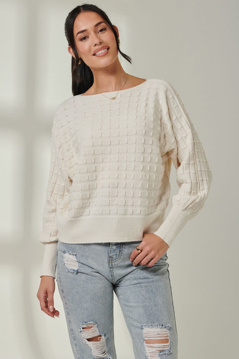 Jolie Moi Jolie Moi Women's Bubble Stitch Batwing Knit Jumper in Off-White