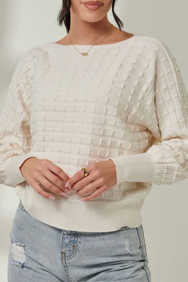 Jolie Moi Jolie Moi Women's Bubble Stitch Batwing Knit Jumper in Off-White - 3