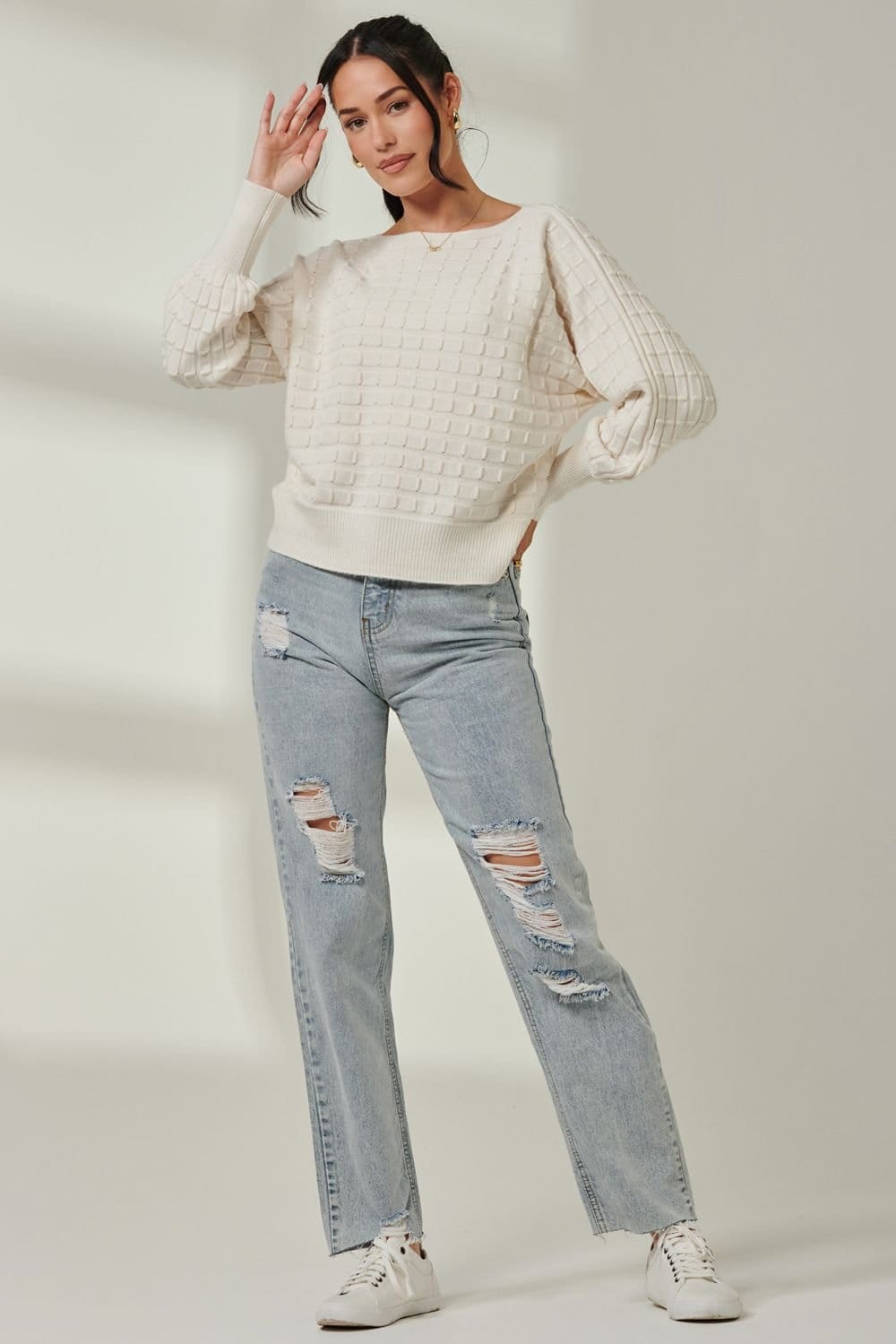 Jolie Moi Jolie Moi Women's Bubble Stitch Batwing Knit Jumper in Off-White - 4