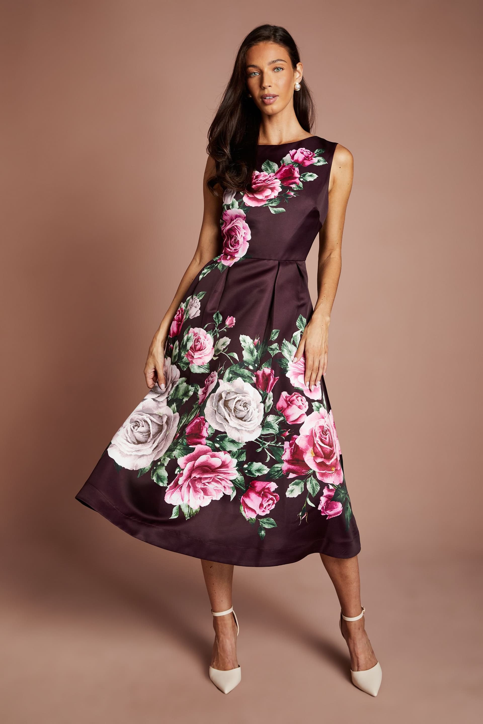 Coast Coast Women's Pocket Structured Satin Placement Print Midi Dress in Wine