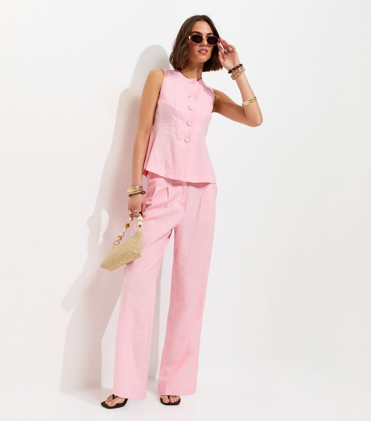 New Look Pale Pink Linen Rich Tailored Trousers