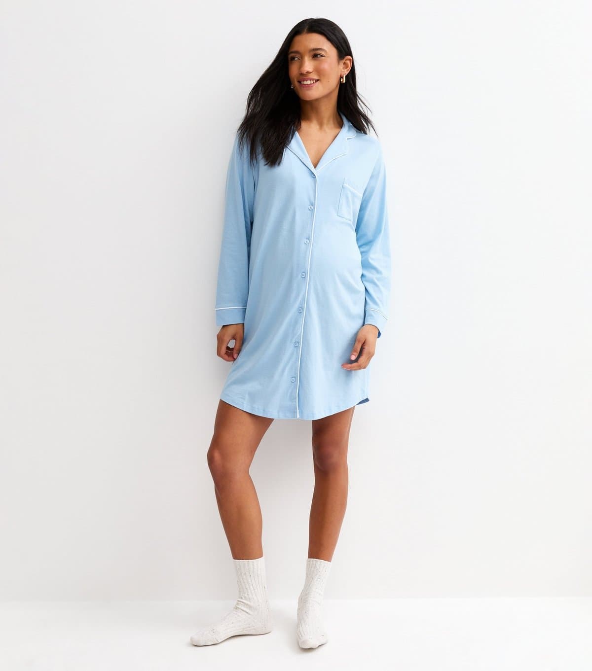 New Look Women's Maternity Light Blue Revere Collar Night Dress New Look