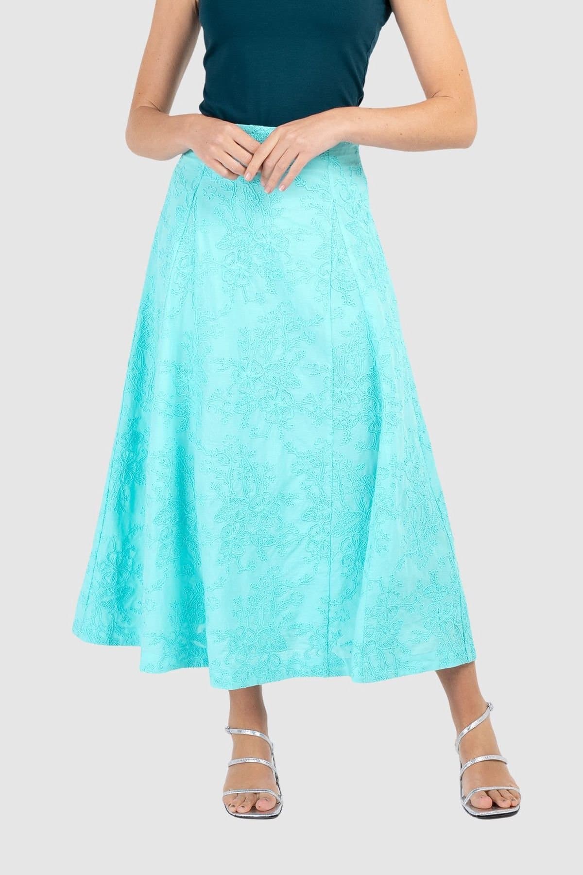 Kettlewell Kettlewell Women's Embroidered Cotton A-Line Skirt in Bright Blue