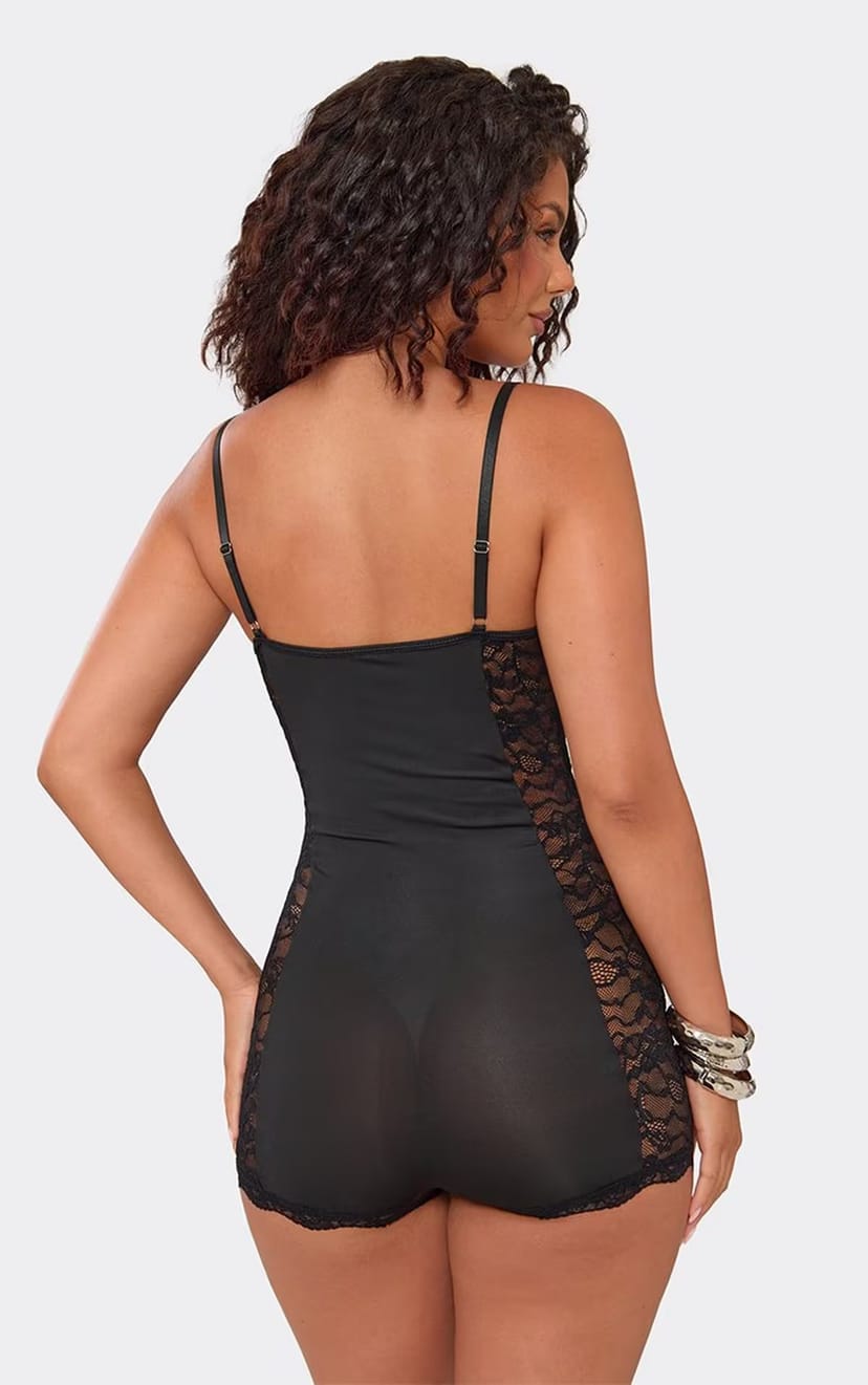 EGO Underwired Lace Panel Detail Playsuit In Black Satin, Women's Size UK 6 - 1