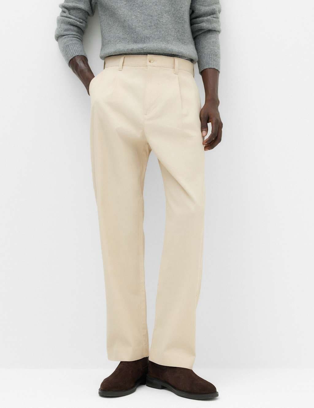 Marks & Spencer M&S Cotton Rich Relaxed Pleat Front Trousers Light Buff