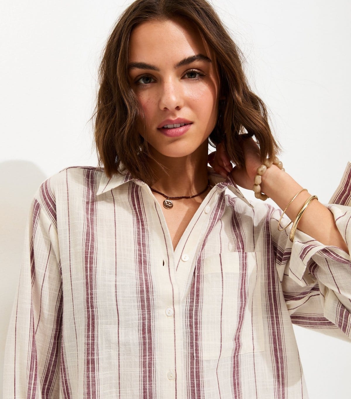 New Look Off-White & Burgundy Striped Oversize Shirt