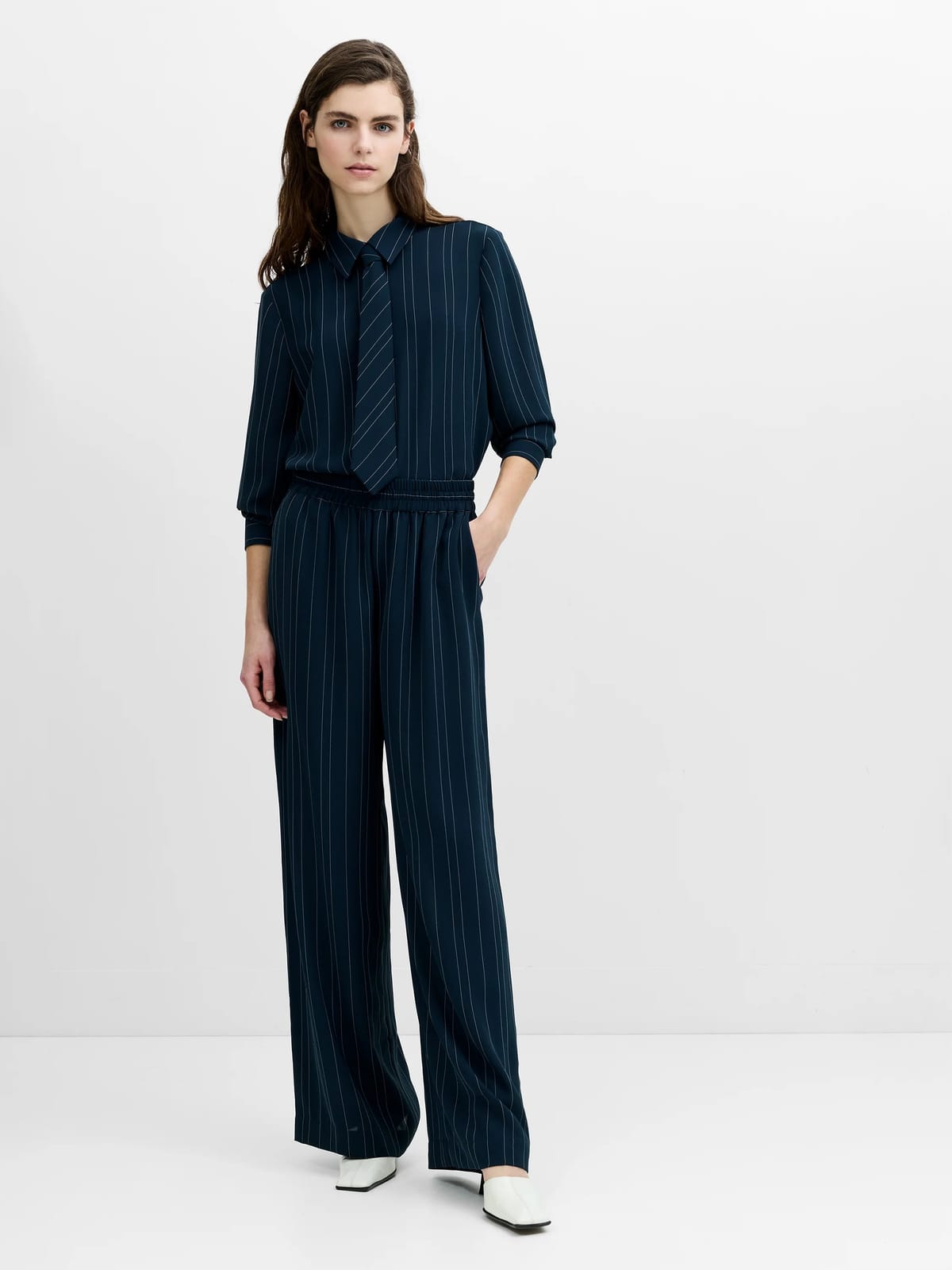 French Connection Erma Navy Pinstripe Pull-On Wide Leg Trousers New Navy/Ethereal Blue - 1