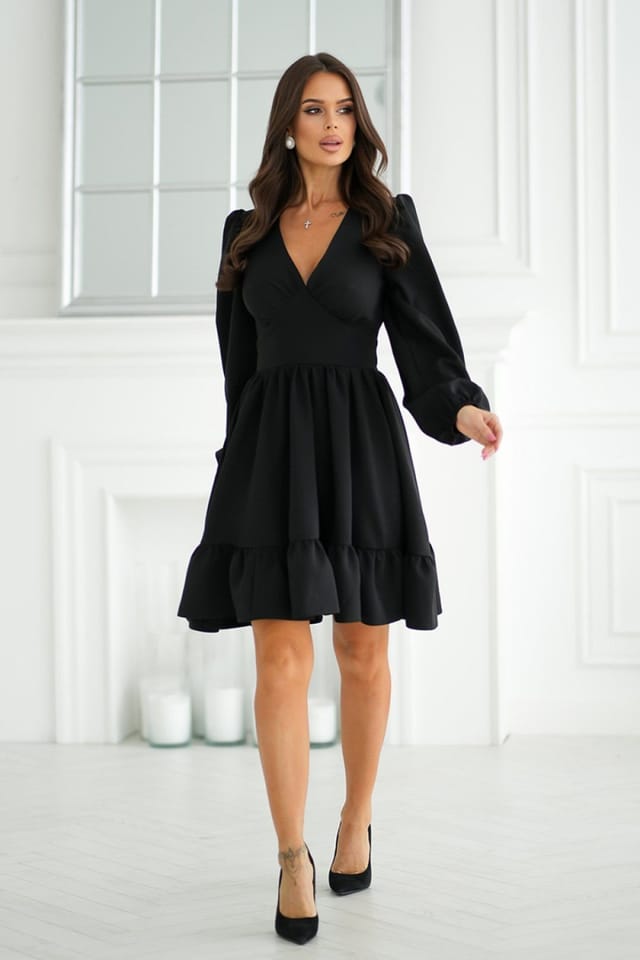 Love Lace Love Lace Women's Bicolor Long Sleeve Cocktail Dress with Ruffle Hem in Black - 2