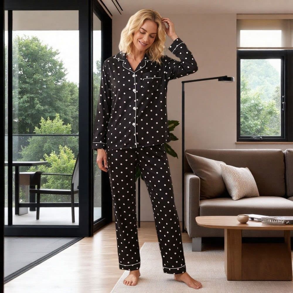 Ella Ella Women's Elegant Long Sleeve Polka Dot Pyjamas Set in Black
