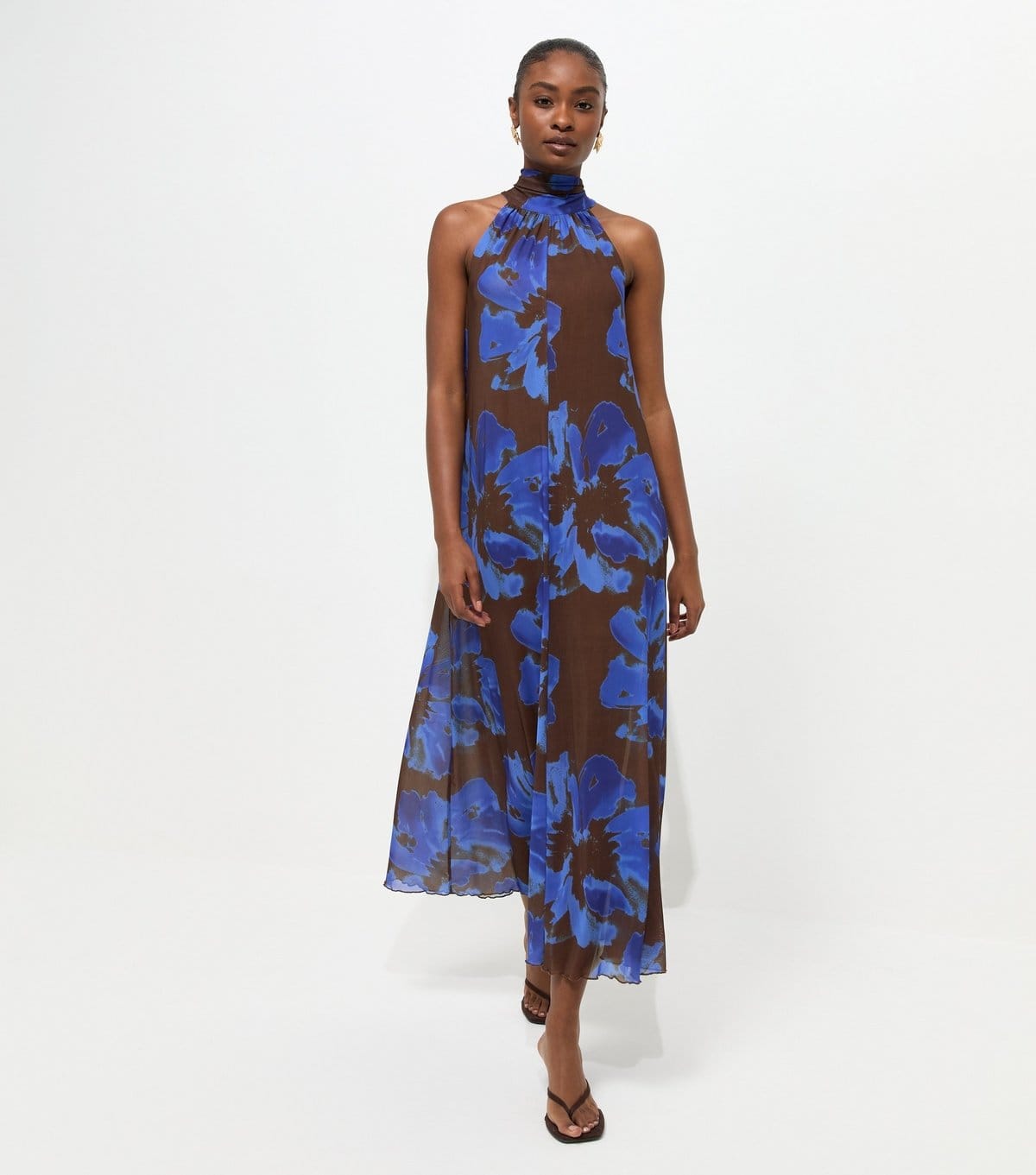 New Look Brown Floral Halter Neck Mesh Midi Dress