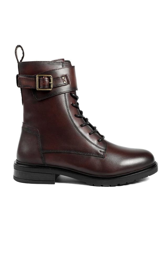 Jones Bootmaker Jones Bootmaker Women's Marisa Buckle-Detailed Leather Military Boots in Burgundy - 2