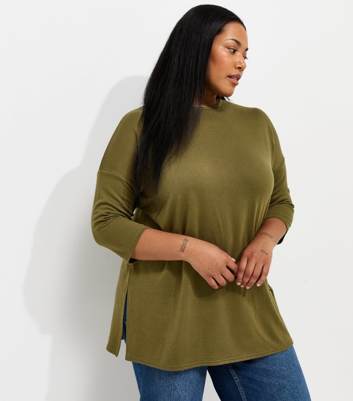 New Look Women's Plus Size Dark Khaki Soft Touch Cropped Sleeve Long Top Curves New Look