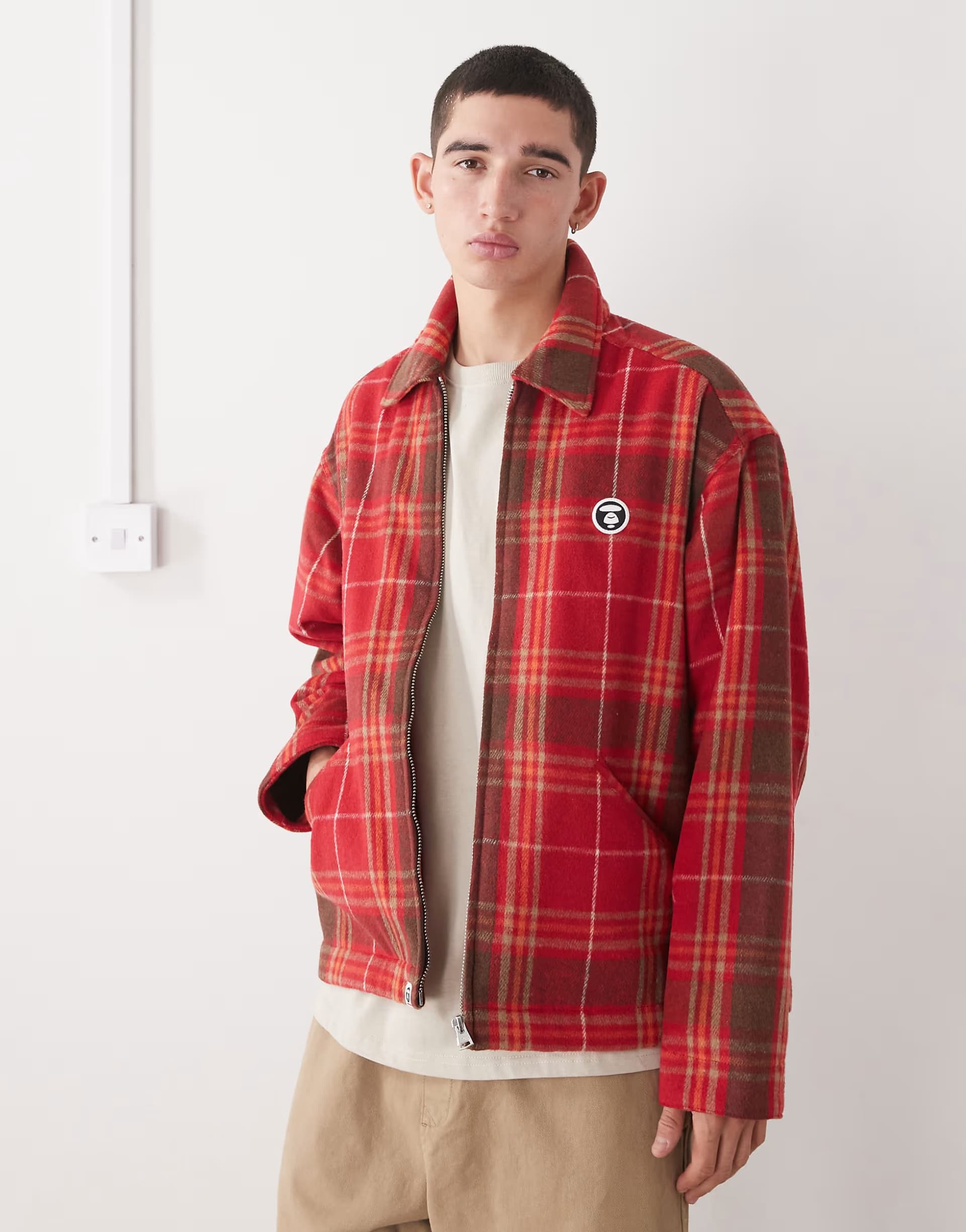 ASOS Aape by A Bathing Ape padded flannel shirt jacket in red and brown