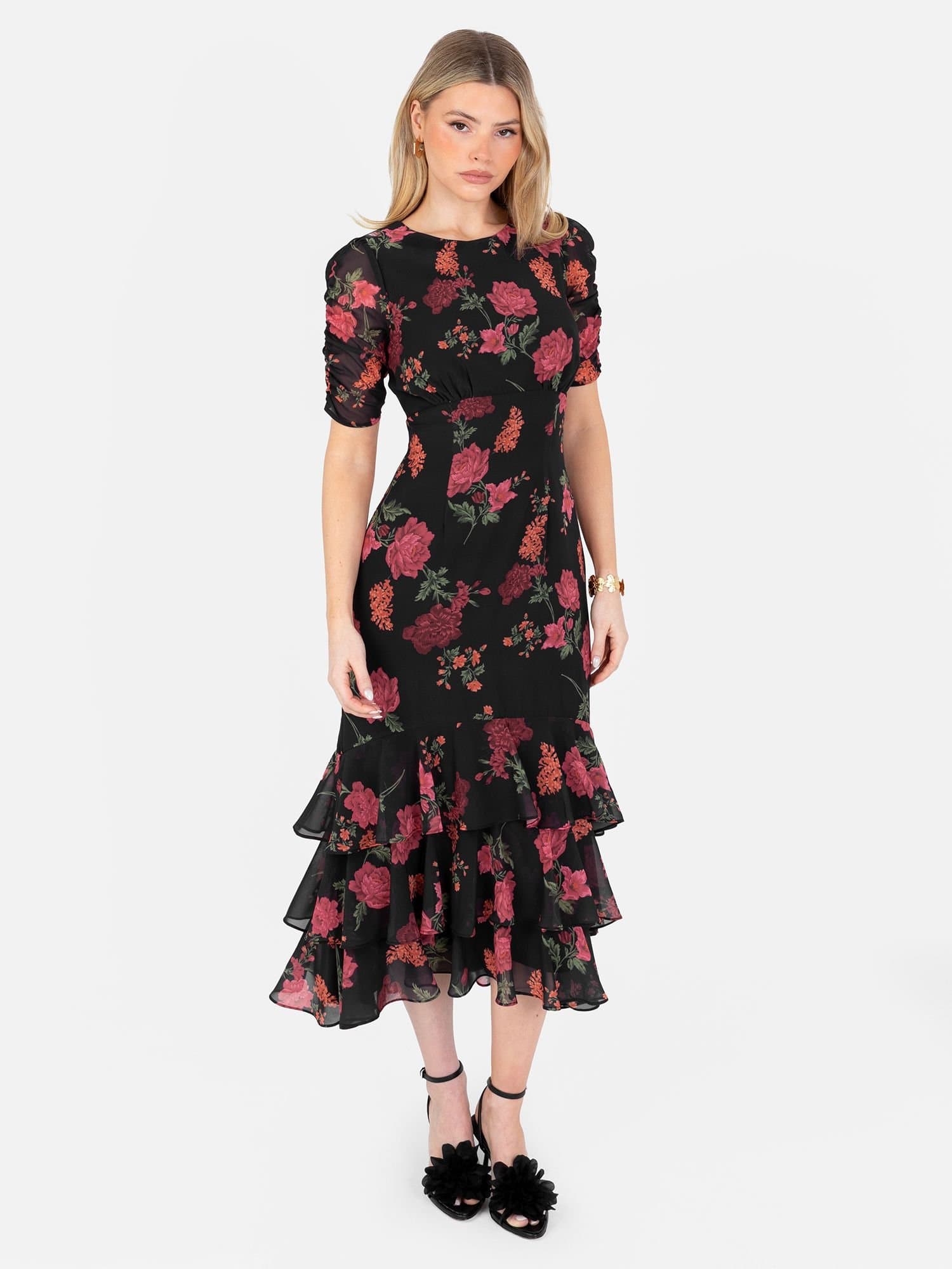 Anaya with Love Anaya with Love Women's Floral Short Ruched Sleeve Midi Dress in Black