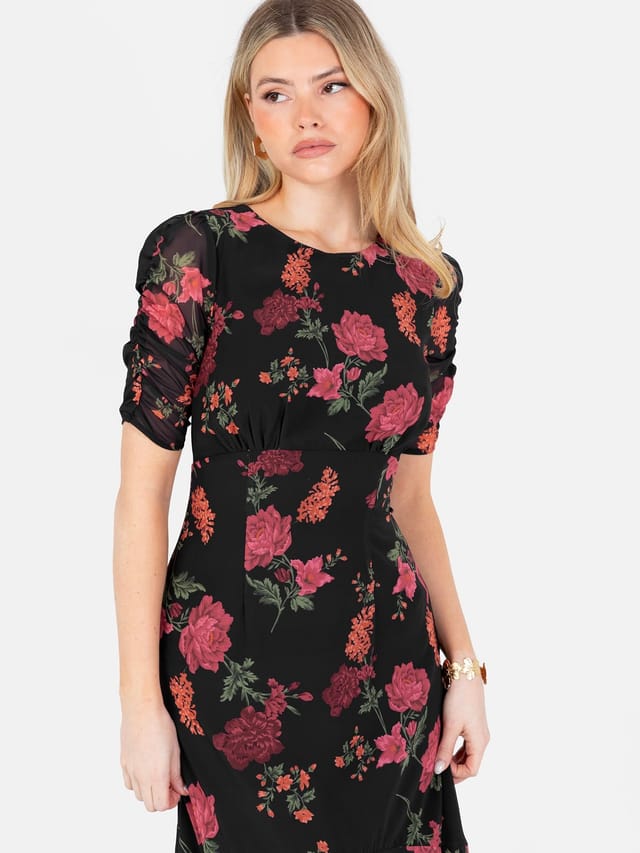 Anaya with Love Anaya with Love Women's Floral Short Ruched Sleeve Midi Dress in Black - 2