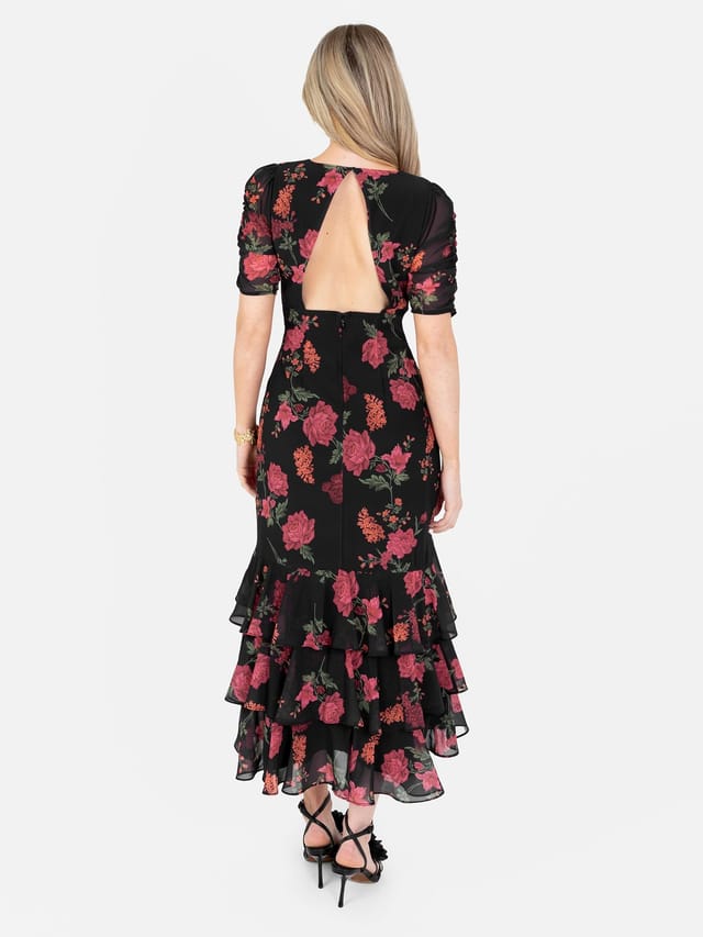 Anaya with Love Anaya with Love Women's Floral Short Ruched Sleeve Midi Dress in Black - 3