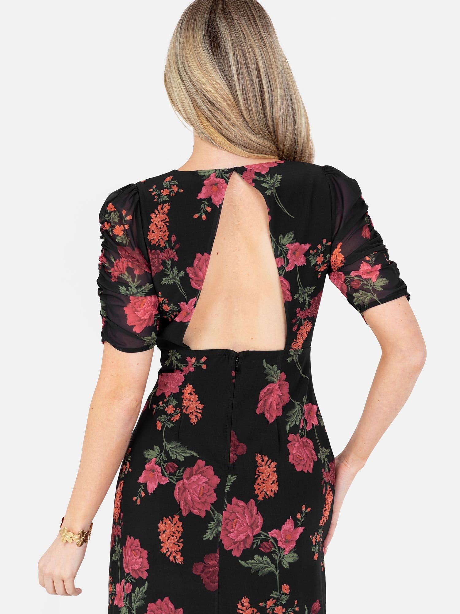 Anaya with Love Anaya with Love Women's Floral Short Ruched Sleeve Midi Dress in Black - 4