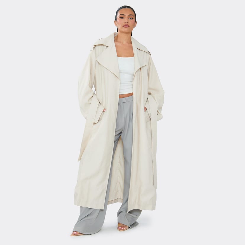 EGO Oversized Maxi Trench Coat In Cream Linen, Women's Size UK 6 - 1
