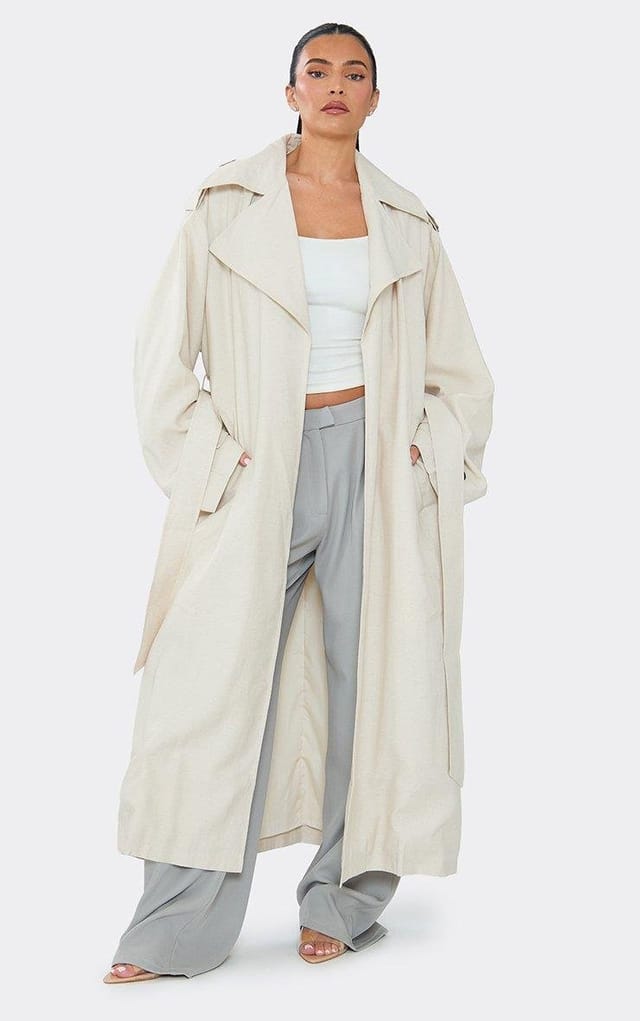 EGO Oversized Maxi Trench Coat In Cream Linen, Women's Size UK 6 - 2