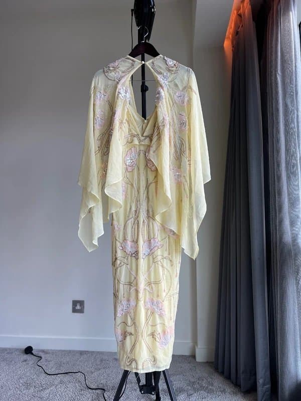ASOS Design Butter Yellow Fairy Beaded Embellished Dress, Midi Sheer Cape Overlay UK 8-10