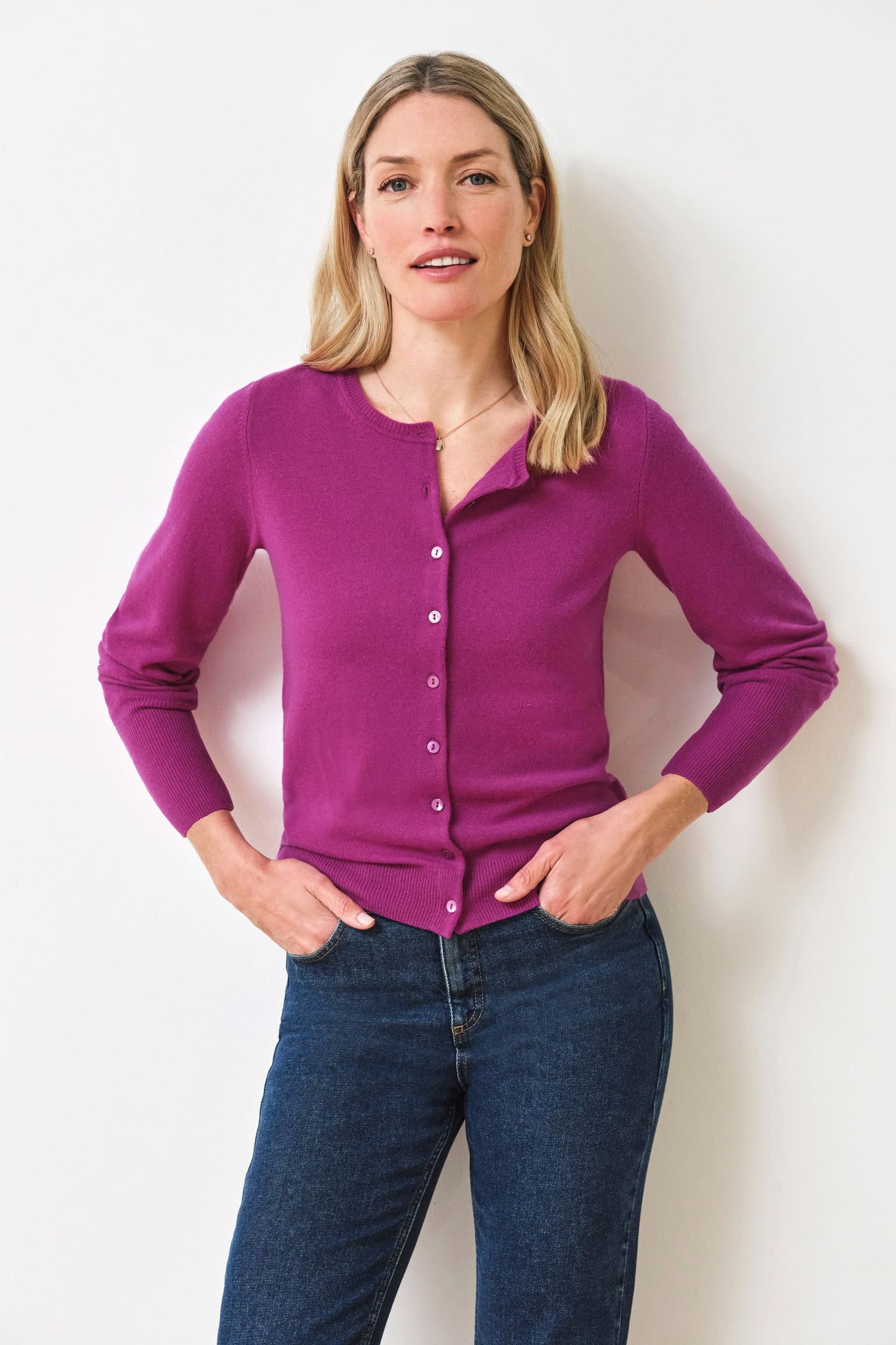 Pure Collection Pure Collection Women's Cashmere Crew Neck Cardigan in Dark Pink