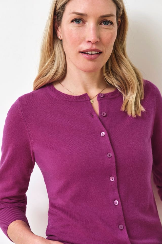 Pure Collection Pure Collection Women's Cashmere Crew Neck Cardigan in Dark Pink - 2