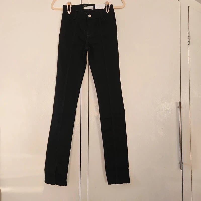 Bershka Black Seam Front Skinny Split Hem Denim Jean (Long)