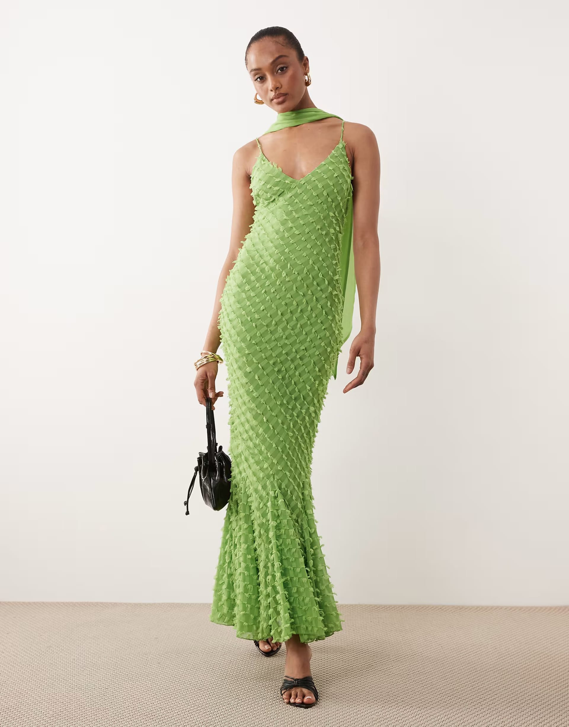 ASOS Green Bias Plunge Cami Dress with Full Godets and Scarf